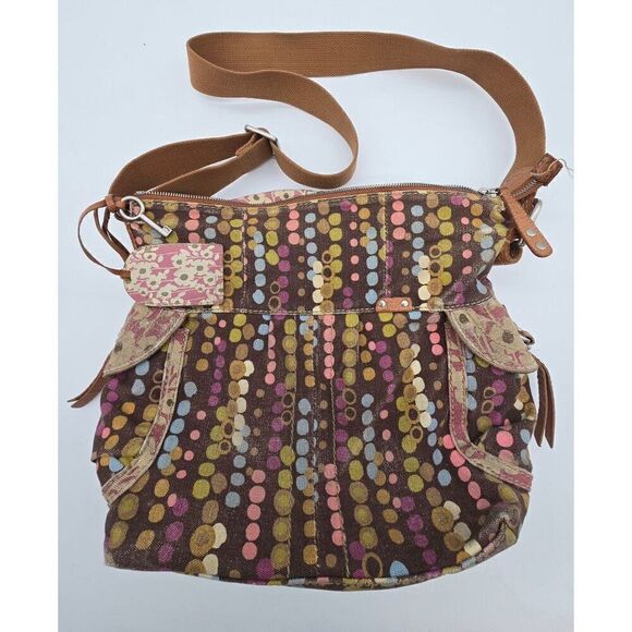 Fossil Multicolor Polka Dot Canvas Crossbody Bag W Floral Interior & Adjustable - Picture 1 of 5
